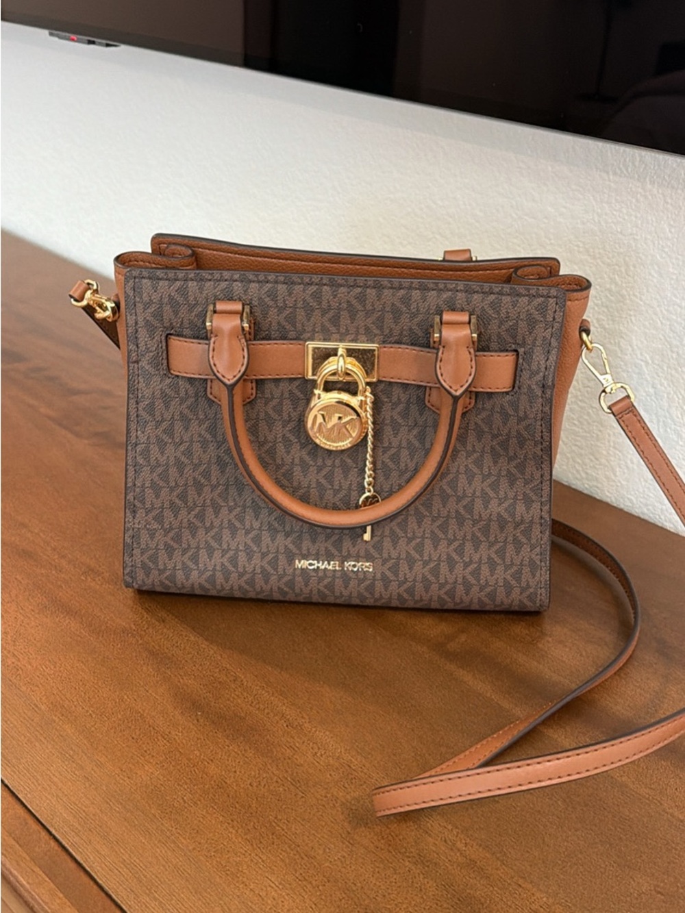 Michael Kors Brown MK Logo Satchel with Tan Trim and Gold Hardware